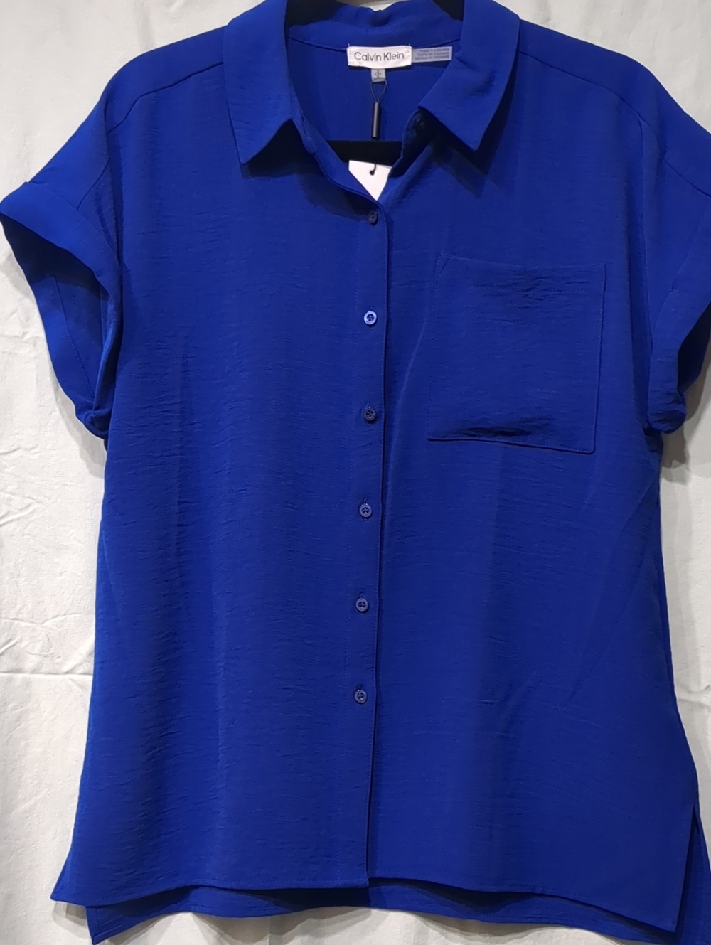 Calvin Klein Short Sleeve Button-Front Blouse — Cobalt Blue NWT
